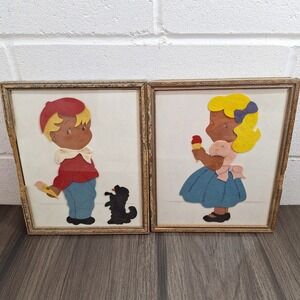 Vintage 50s Mid Century Felt Applique Framed Art Boy Girl Ice Cream Kitsch‎ 9x11